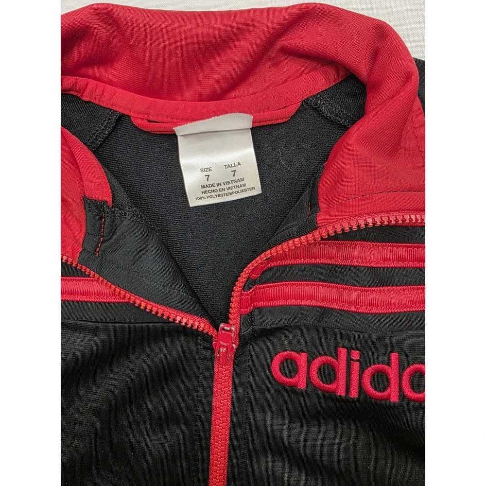 Adidas Boy's Black w Red‎ Stripes Zip Up Pocketed Jacket. Size 7